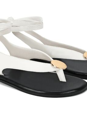 White Ankle-Strap Thong Sandals with Gold Accent
